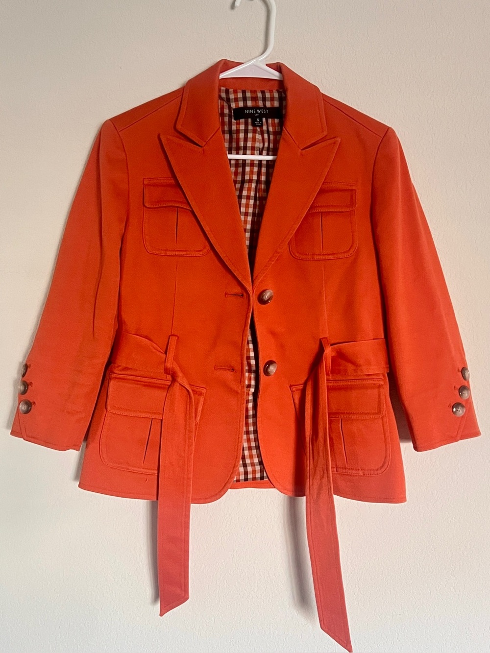 Nine West Orange Tailored Belted Blazer Fall Autumn Jacket Ladies 4 Safari-Style